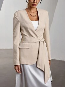 Aveloria Modichic Chaqueta tipo blazer de estilo francés para dama, sin cuello, de diseño elegante para la oficina, con cinturón tejido en la cintura