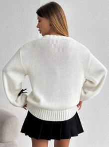 EURMUSE Ribbon Accessory Detailed V-Neck Drop Shoulder Cardigan - Beige - View 2