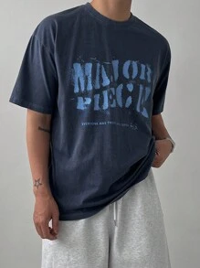 DAZY 男士夏季休闲标语印花短袖 T 恤返校 - 藏蓝色 - 查看 1