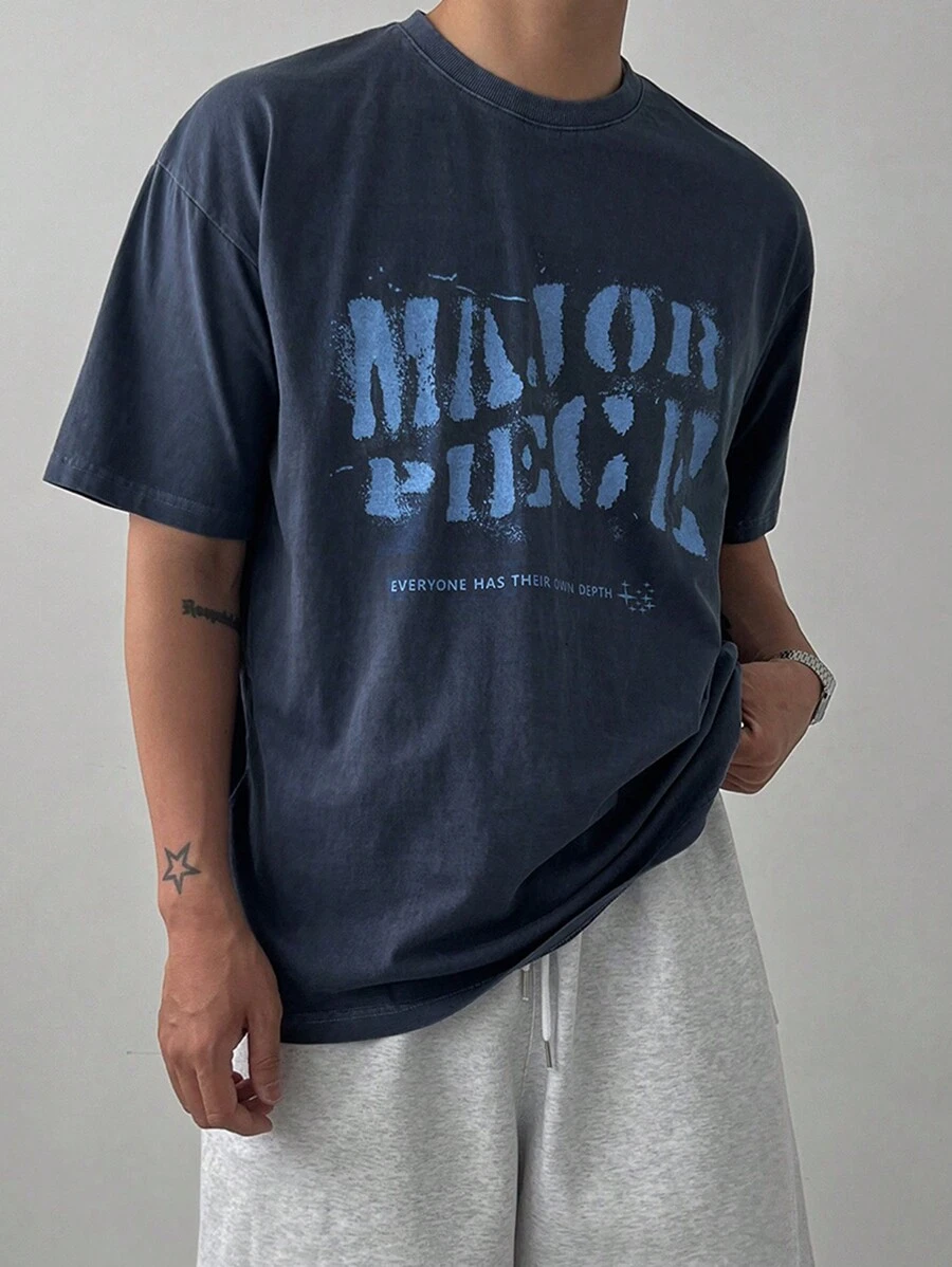 DAZY 男士夏季休闲标语印花短袖 T 恤返校 - 藏蓝色 - 查看 1