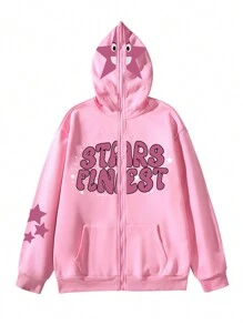 Manfinity Roghcode Men's Letter & Pentagram Print Zip-Up Casual Pink Hoodie, Vacation, Funny , Star , Long Sleeve , Friends, Pink Zip Up Hoodie, Pink Star Hoodie, Pink Streetwear Hoodie, For Fall Winter