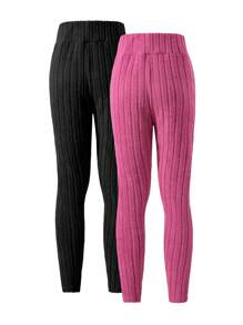 2 Colors Combination Tween Girl Comfortable & Warm Solid Color Leggings, Black & Rose Red