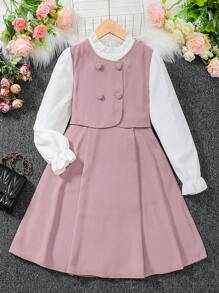Vestido Casual de Manga Longa com Gola Franzida e Abotoamento Duplo, Estilo Color Block, para Meninas Pré-Adolescentes na Primavera/Verão - Rosa chiclete - Visão 1