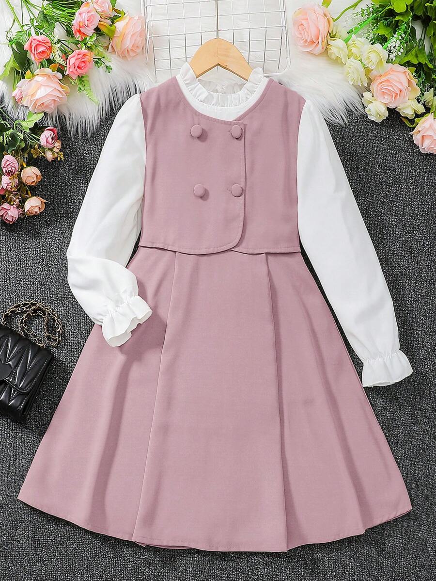 Vestido Casual de Manga Longa com Gola Franzida e Abotoamento Duplo, Estilo Color Block, para Meninas Pré-Adolescentes na Primavera/Verão - Rosa chiclete - Visão 1