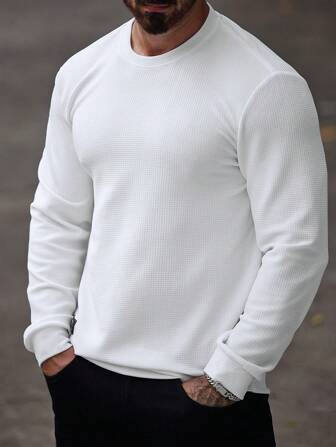 Manfinity CasualCool Men's Solid Color Crew Neck Casual Loose Fit Long Sleeve Sweatshirt, Autumn Winter Going Out White Sweatshirt, For Friends, Husband, Boyfriend Gifts
