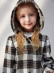 Blossori Young Girls Elegant Brown Plaid Woven Loose Long Sleeve Coat, Autumn Winter - Brown - View 5