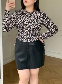 Dazy Petite Plus 加大码长袖豹纹侧抽绳 T 恤，休闲日常穿着猎豹印花，秋季服装 - 棕色 - 查看 7