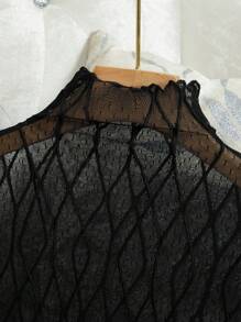 Modelyn Women's Stand Collar Long Sleeve Mesh Design Figure-Flattering Fashionable Blouse