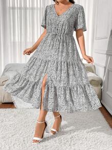 SHEIN Clasi Plus Size Women's Floral Print V-Neck Short Sleeve Belted High Slit Hem Dress, Summer - Black and White - View 5