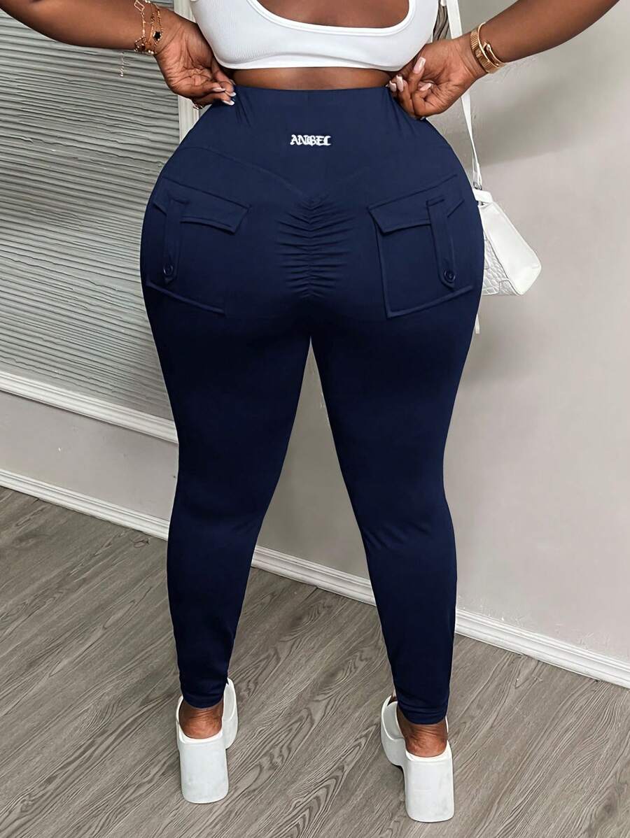 Slaydiva 大码黑色修身 V 腰口袋褶皱裤，适合春/夏/秋/冬 - F 码 - 藍色 - 查看 1