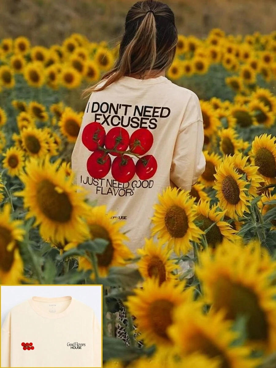 INAWLY Women's Summer Slogan Print Loose Fit Dropped Shoulder Tee