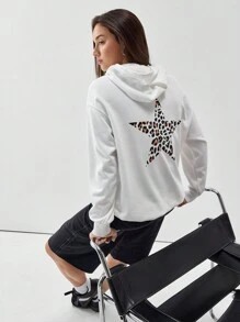 Flirla 1pc Women Casual White Hoodie With Leopard Print And Star Pattern, Long Sleeve Sweatshirt, Autumn/Winter