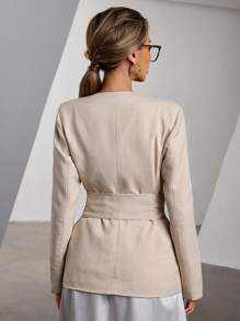 Aveloria Modichic Chaqueta tipo blazer de estilo francés para dama, sin cuello, de diseño elegante para la oficina, con cinturón tejido en la cintura
