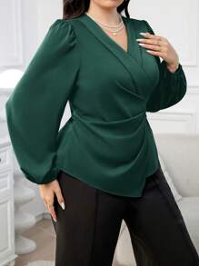 Modelyn Plus Size Women Spring Summer Solid V-Neck Lantern Sleeve Asymmetric Ruched Elegant Office Shirt - Dark Green - View 4