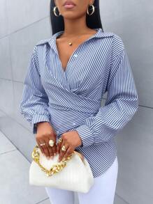 SOLERSUN Women's Striped Print Button Front Shirt,Asymmetrical Hem ,Batwing Sleeve,Wrap Blouse,Fall Outfits,Long Sleeve,Winter Clothing,Elegant,Daily Commuting,Going Our,Casual,Long Sleeve Tops