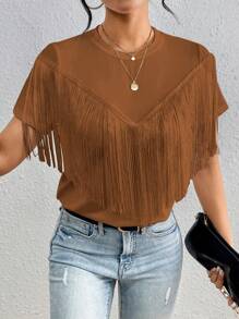 Chiquease Plain Round Neck Tassel Casual Short Sleeve T-Shirt