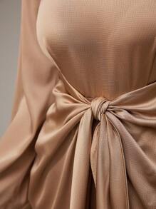 Veilorie 女士优雅纯色喇叭袖系带长裙，秋季朴素 - 卡其色 - 查看 7