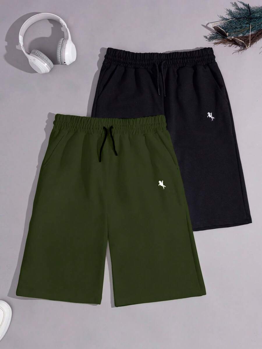 EURMUSE Cotton 2pcs Set Minimalist Embroidered Drawstring Casual Summer Shorts - Army Green - View 1