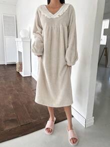 DAZY Flannel Ruffle Trim Loose Nightgown Pajama,Thermal Lined Fall,Winter - Grey - View 4