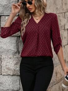 SHEIN Clasi 女士优雅 V 领几何印花卷袖秋季衬衫，夏季 - 酒紅色 - 查看 4