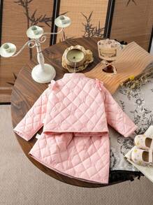 Baby Girls Warm Chinese Style Bow Quilted Embroidery Skirt Set, Autumn Winter - Pink - View 2