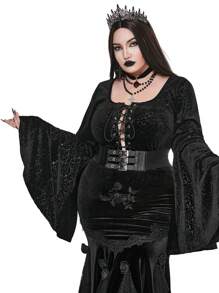 Flirla Goth Punk Plus Size Women Dark Punk Gothic Floral Lace Trim Tied Flare Sleeve Sexy Retro Vintage Corset Style T-Shirt, Halloween - Black - View 4
