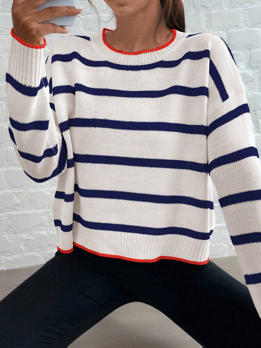 Chiquease 女士撞色拼接圆领长袖条纹简约休闲毛衣，针织套头衫，秋冬款 - 藏蓝色 - 查看 1