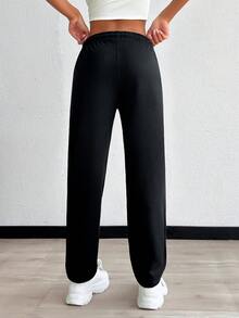 SHEIN PETITE Damen einfarbige Jogginghose mit Tunnelzug Taille und schrägen Taschen - Schwarz - Übersicht 2