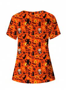 PopScrub Blusa casual con bolsillo de manga corta y cuello en V con estampado de calabaza para mujer