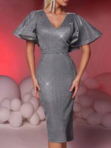 SHEIN Belle Elegant And Gorgeous Silver Glitter Elastic Powdered Woven Fabric Deep V-Neck Exaggerated Ruffle Sleeves Hip-Wrapped Back Slits Suitable For Evening Parties, Dating And Cocktail Dresses, Prom Semi Formal Dress, For Birthday, Wedding Guest, Graduation, Dinner, Homecoming - Silver - View 1
