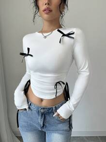 Selianne 女士休闲长袖T恤，侧边饰有蝴蝶结，配有抽绳，适合春秋季穿着。 - 白色 - 查看 5