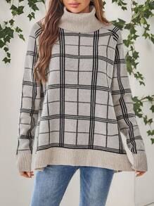 EMERY ROSE Women's Turtleneck Long Sleeve Jacquard Plaid Sweater - Multicolor - View 1