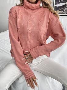 SHEIN LUNE 女式高领纯色 Cablekint 宽松毛衣，秋冬款 - 珊瑚粉 - 查看 5