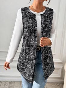 SHEIN Essnce 秋冬女士纽扣式无袖休闲日常开衫 - 黑色 - 查看 6