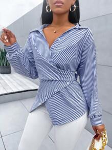 SOLERSUN Women's Striped Print Button Front Shirt,Asymmetrical Hem ,Batwing Sleeve,Wrap Blouse,Fall Outfits,Long Sleeve,Winter Clothing,Elegant,Daily Commuting,Going Our,Casual,Long Sleeve Tops