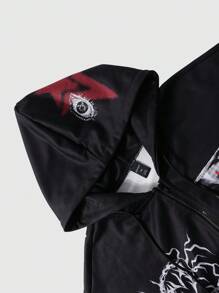 ROMWE MEN Street Life Men's Autumn/Winter Letter & Character Print Zip Closure Drawstring Hooded Casual Sweatshirt - Black - View 3