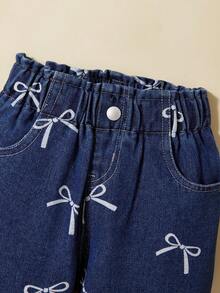 SHEIN Young Girls Casual Straight Leg Printed Denim Jeans - Dark Wash - View 3
