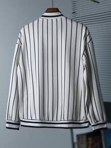Manfinity Hypemode 男士休闲条纹字母印花棒球夹克，秋季 - 米色 - 查看 2