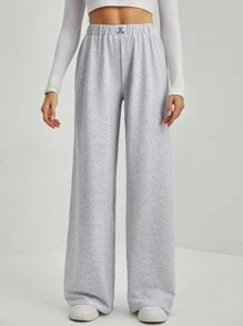 SHEIN Tall 女士休闲贴花阔腿宽松运动裤 - 灰色 - 查看 7