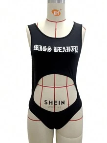 SHEIN Slayr 夏季女士性感字母印花镂空背心紧身连衣裤 - 黑色 - 查看 1