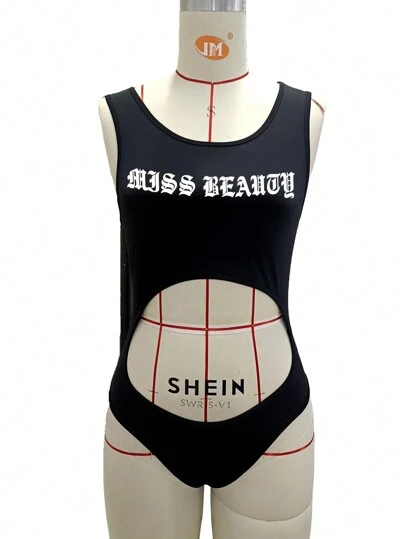 SHEIN Slayr Women's Sexy Letter Print Hollow Tank Catsuit For Summer