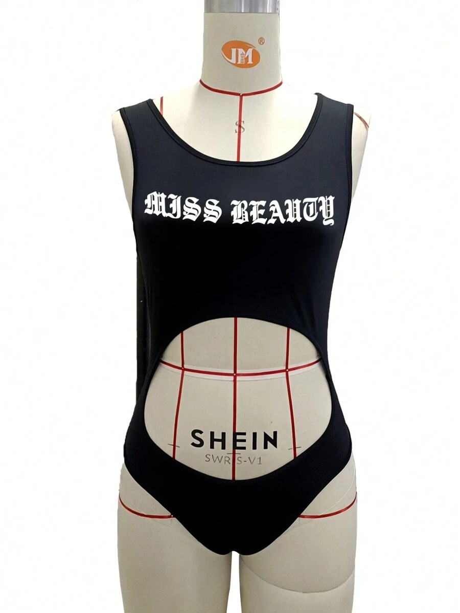 SHEIN Slayr 夏季女士性感字母印花镂空背心紧身连衣裤 - 黑色 - 查看 1