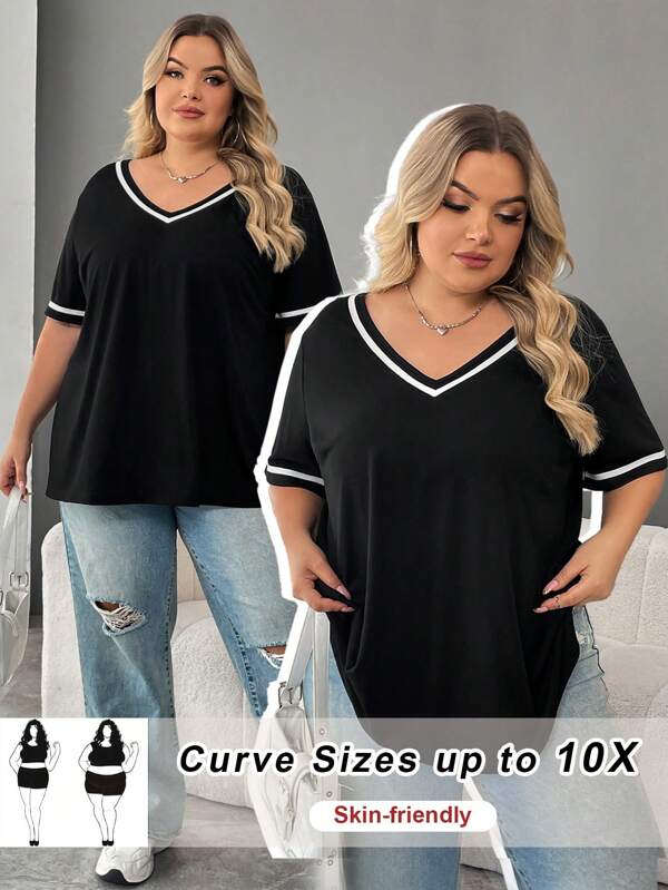 SHEIN CURVE+ Curve Plus Size Summer V-Neck Short Sleeve Black T-Shirt With White Contrast Edge, Casual Sweatshirt First Day Of School Back To School Tops Cute Tops Game Day