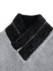 Manfinity RelaxMax Men's Colorblock Stand Collar Vintage Distressed Knitted Cable Knit Long Sleeve Sweater, Fall & Winter, For Work, Family Matching
