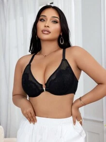 Áo ngực cỡ lớn & áo ngực không dây có ren tương phản lãng mạn và khóa cài phía trước, đồ lót - màu đen - Xem 3