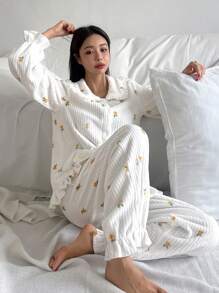 DAZY 条纹印花纹理毛绒荷叶边领蓬松睡衣套装，保暖内衬，秋冬皆宜，舒适保暖 - 黃色 - 查看 3