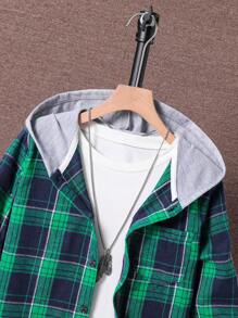 SHEIN Tween Boy 春秋格子长袖拼色连帽休闲衬衫 - 綠色 - 查看 3