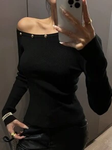 DAZY Áo len dài tay cổ bẻ không đối xứng dành cho nữ, Quần áo thu đông dành cho nữ - màu đen - Xem 7