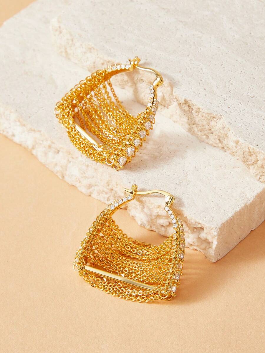 SHEIN 女士 18k 镀金方晶锆石微镶嵌流苏耳环，时尚珠宝 - 金黃色 - 查看 1