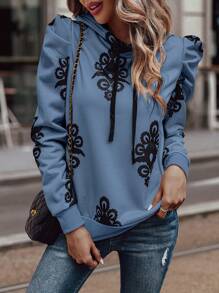 SHEIN LUNE Áo nỉ trùm đầu in họa tiết toàn thân dành cho nữ, mặc thường ngày - Màu xanh lam - Xem 3